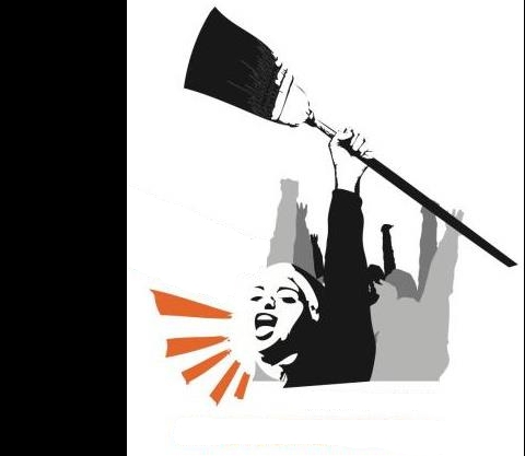 Domestic worker with a broom in her raised fist demonstrating