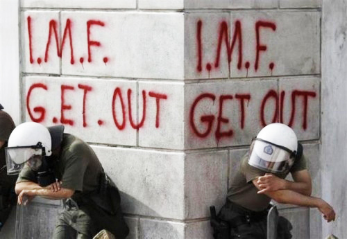 Riot police at protests against the IMF in Athens, Greece in 2010.