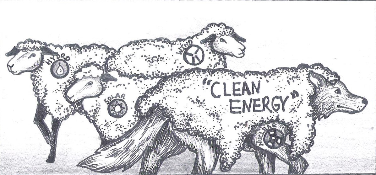 Wolf wearing sheep wool, with "Clean Energy" over nuclear energy.